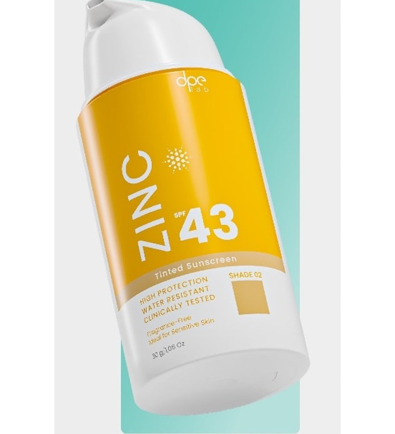 DPE zinc tinted sunscreen bottle, Shade 02, SPF 43, 30g, white and gold label