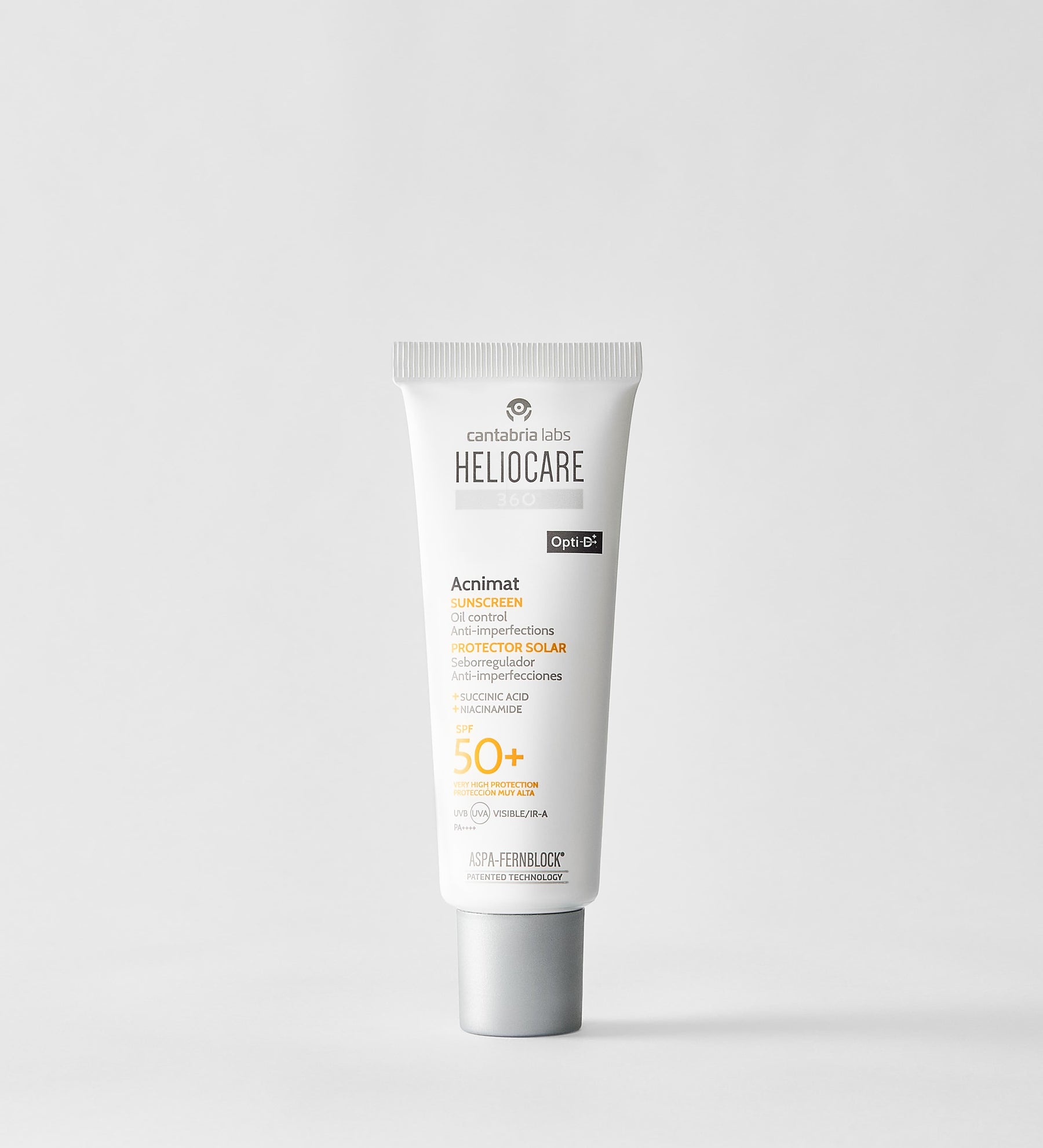 Heliocare Acnimat SPF50+ sunscreen tube, 50 ml, white cream in squeeze tube