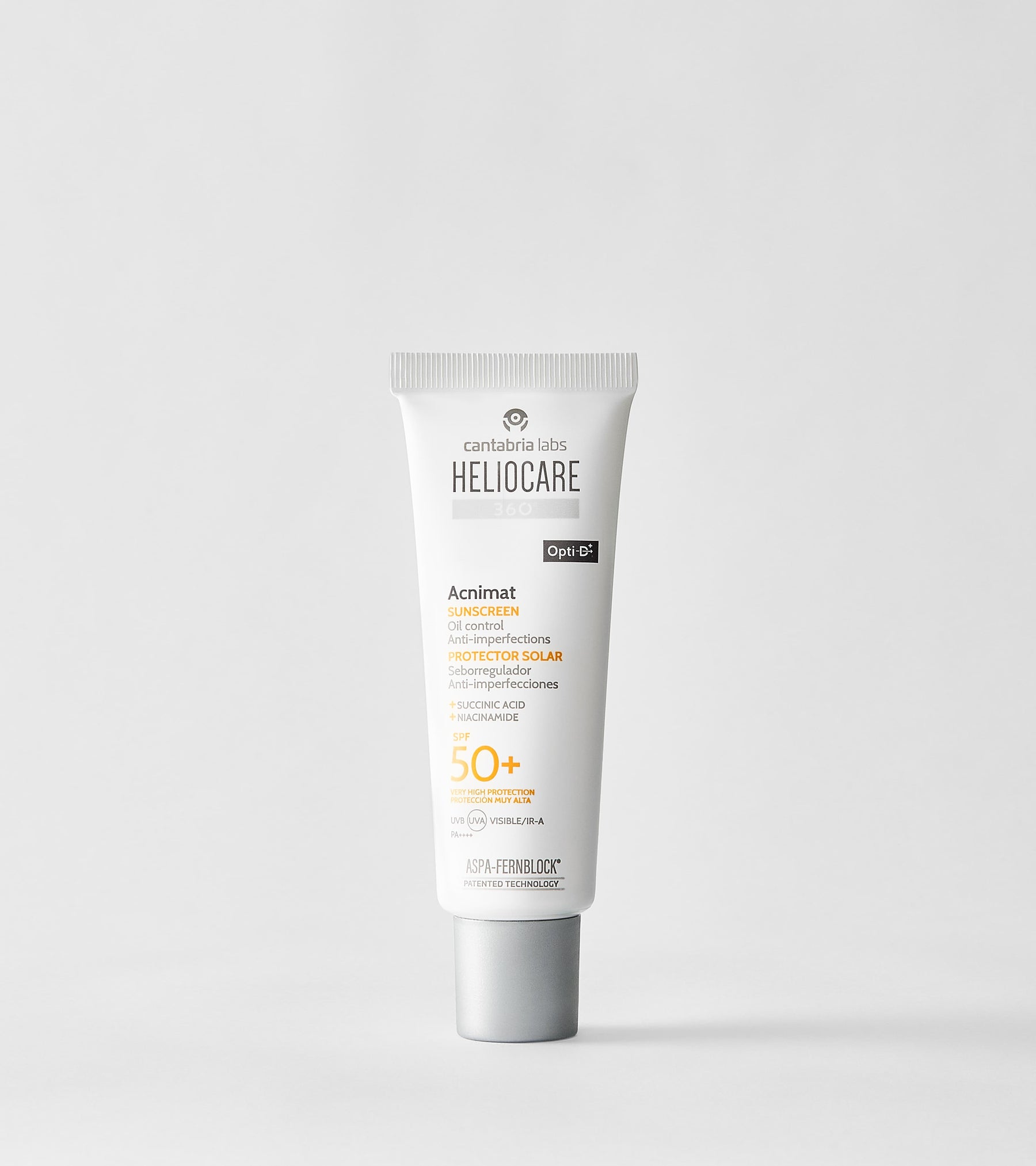 Heliocare Acnimat SPF50+ sunscreen tube, 50 ml, white cream in squeeze tube