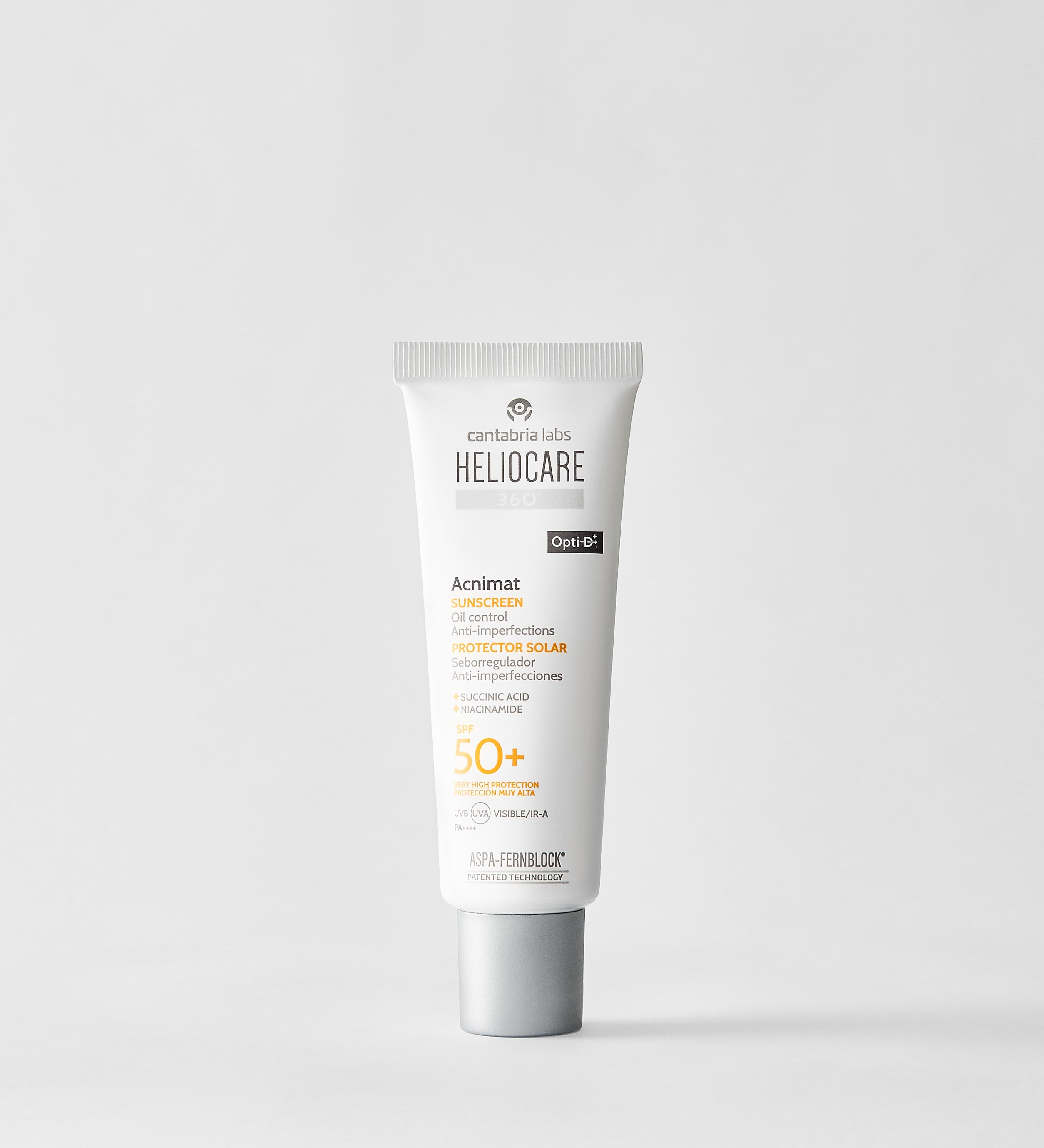 Heliocare Acnimat SPF50+ sunscreen tube, 50 ml, white cream in squeeze tube