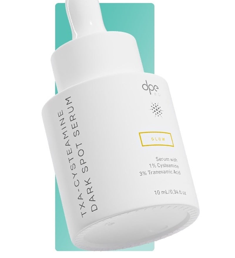 White serum dropper bottle with DPE logo and dark spot ingredient label, 10 ml