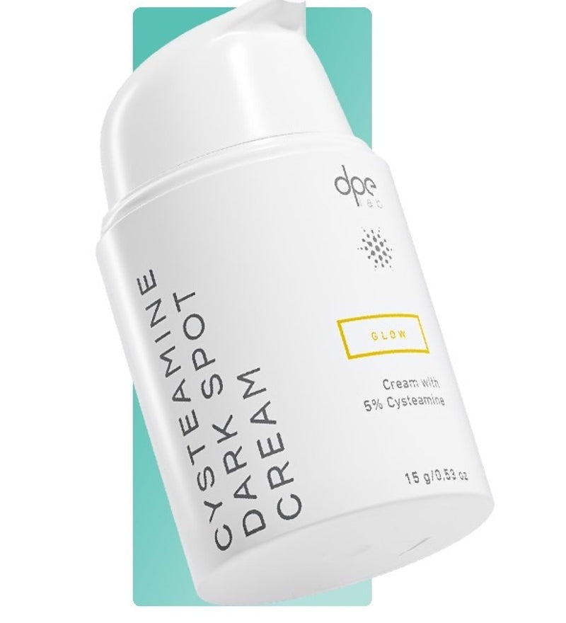 DPE dark spot cream, white squeeze tube with yellow 5% cysteamine label