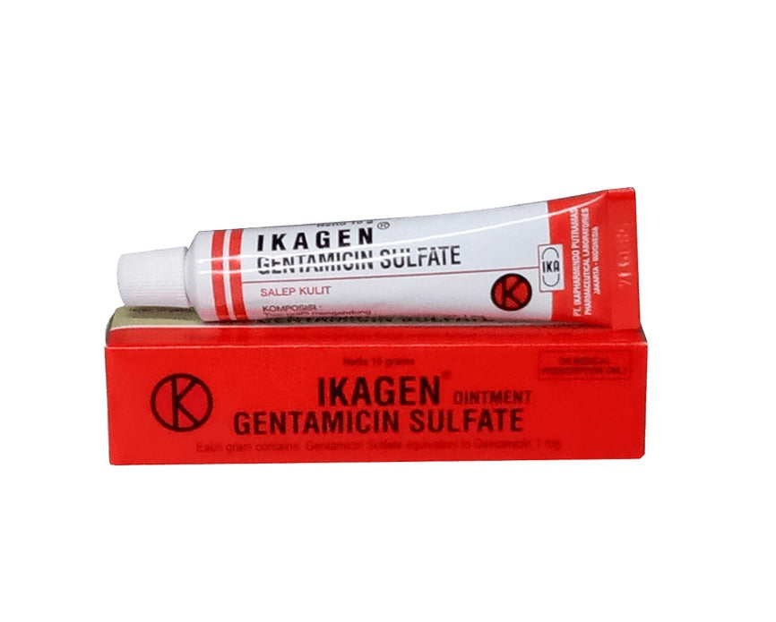 IKAGEN gentamicin sulfate ointment tube with red-and-white box, 10 g