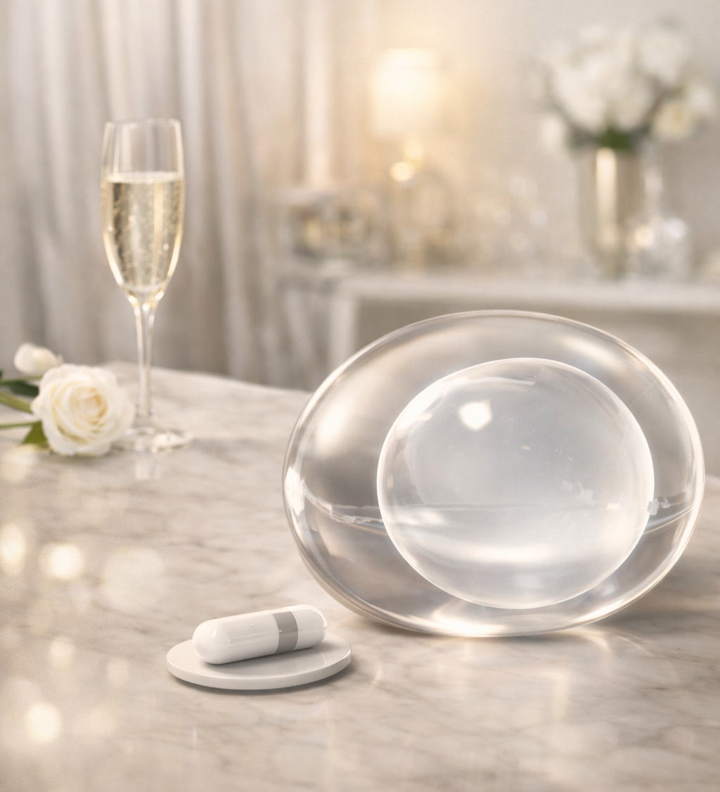 Ballon Allurion with a white candle on a marble surface, with a glass of champagne and flowers in the background.