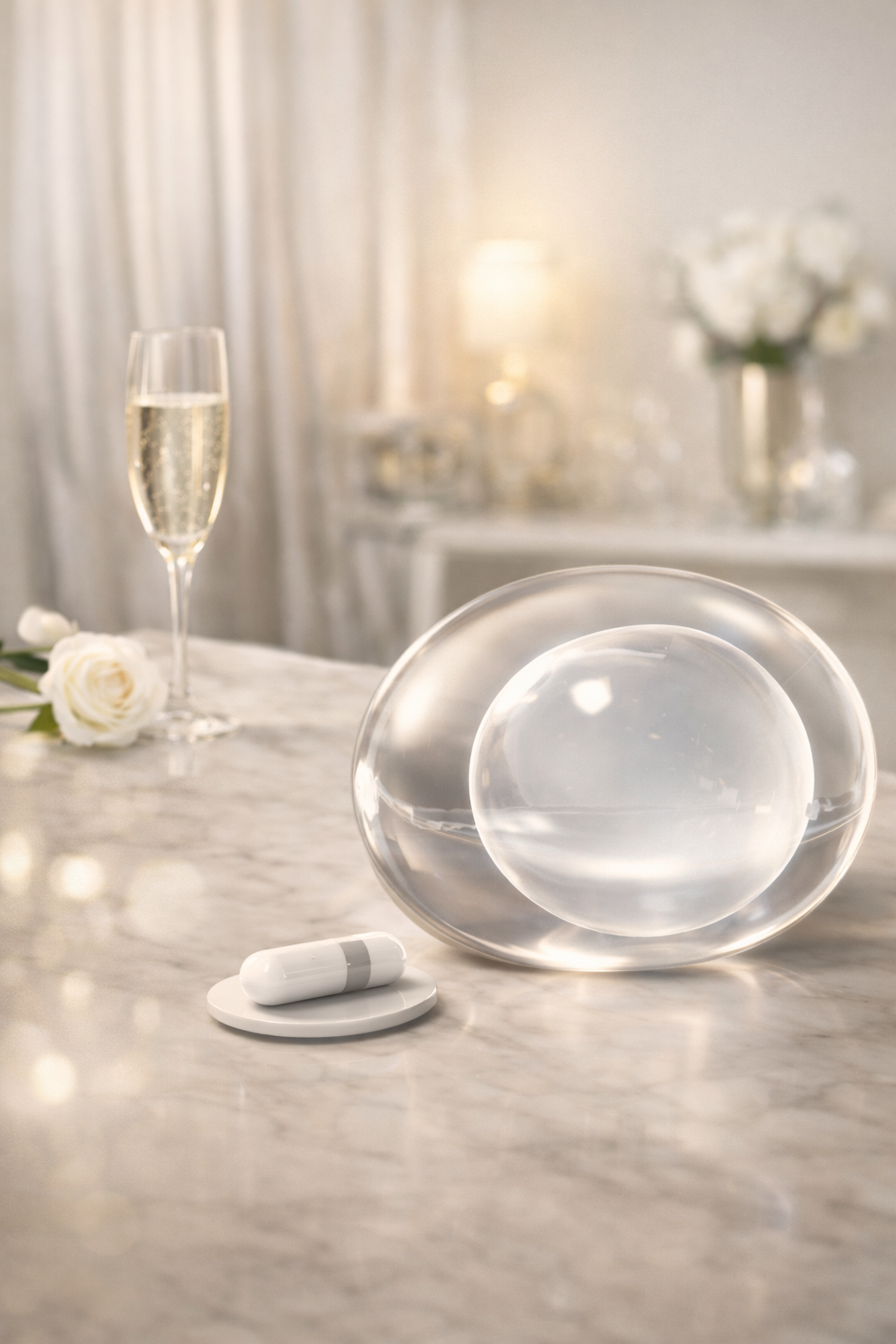Ballon Allurion with a white candle on a marble surface, with a glass of champagne and flowers in the background.