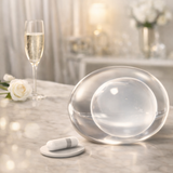 Ballon Allurion with a white candle on a marble surface, with a glass of champagne and flowers in the background.