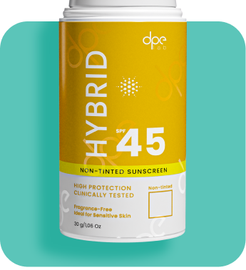 Hybrid non-tinted sunscreen bottle, yellow label with SPF 45, 30g.