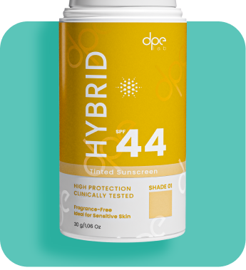 Tinted sunscreen bottle with yellow label (Hybrid 44, shade 1) and white cap