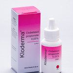 Kloderma 0.05% lotion bottle with white dropper cap, 30 ml; boxed pack