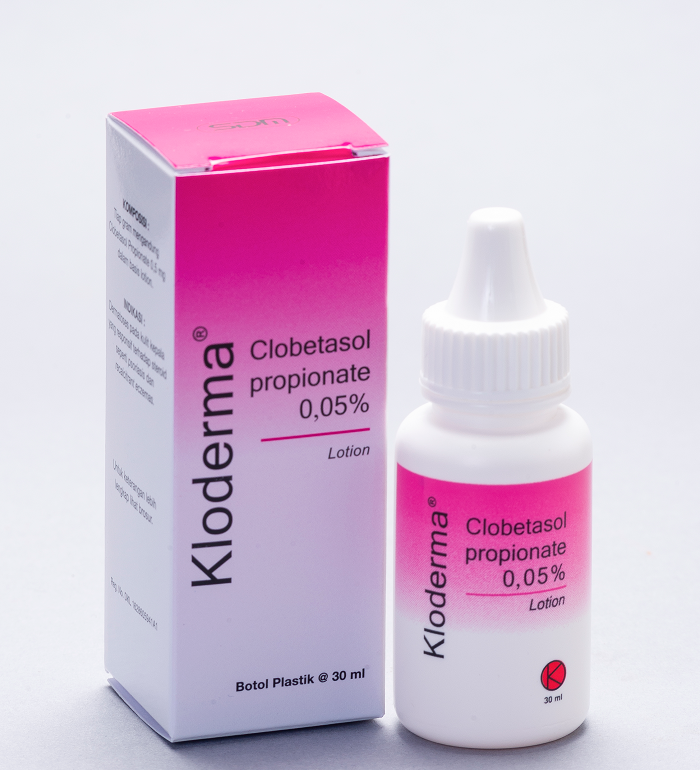 Kloderma 0.05% lotion bottle with white dropper cap, 30 ml; boxed pack