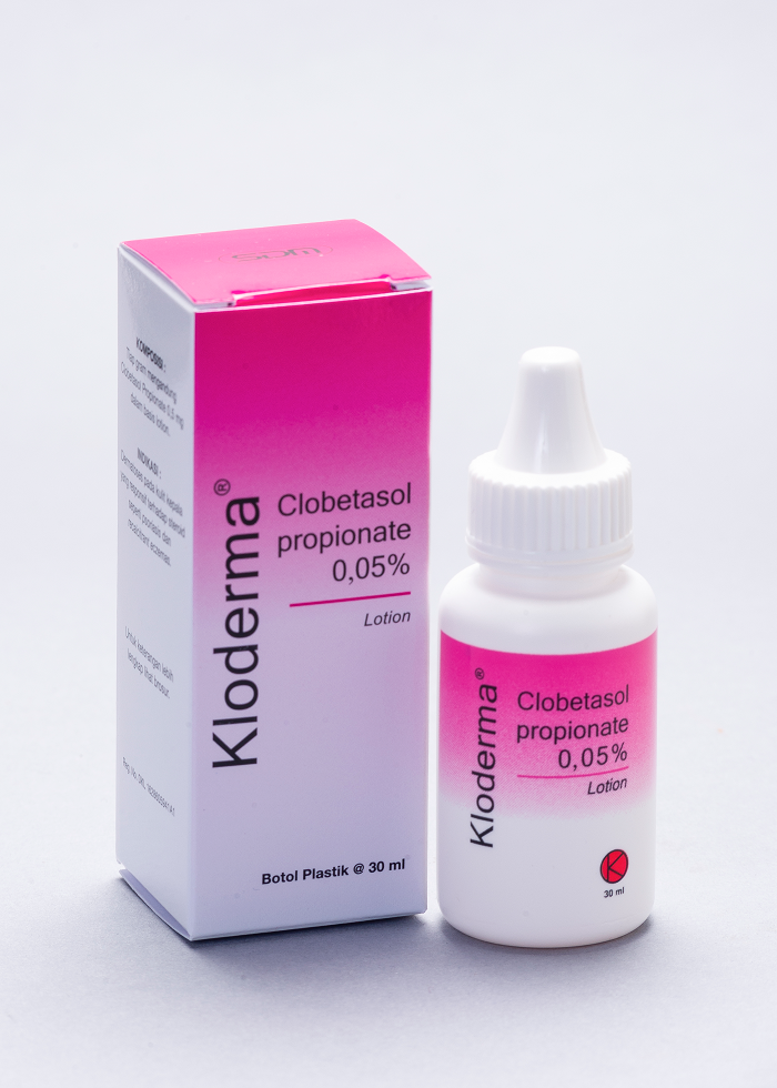 Kloderma 0.05% lotion bottle with white dropper cap, 30 ml; boxed pack