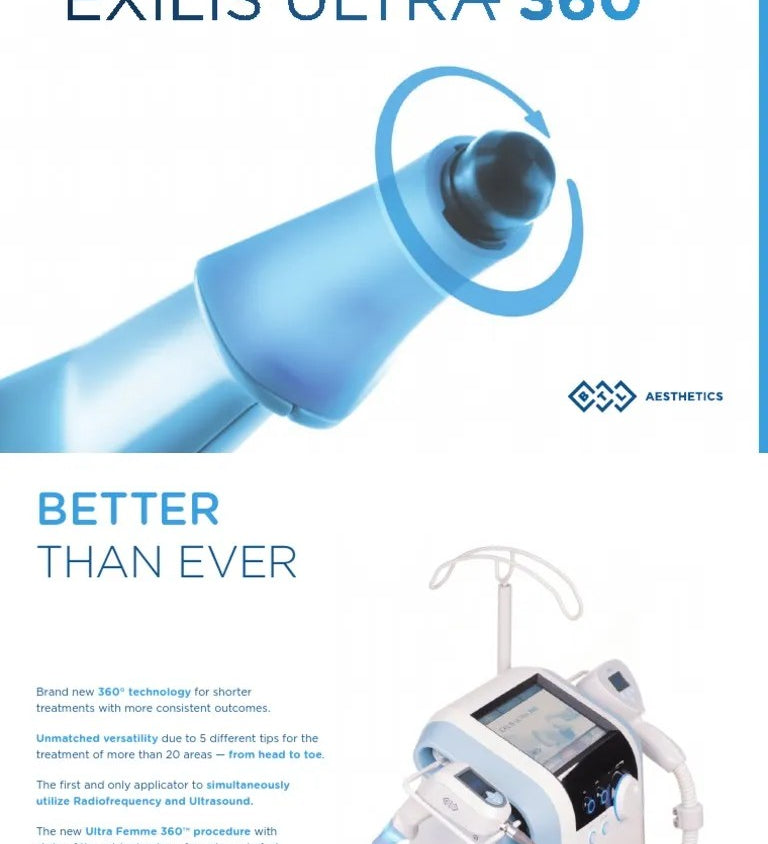 Exilis Ultra 360 device with branding and text on a white background