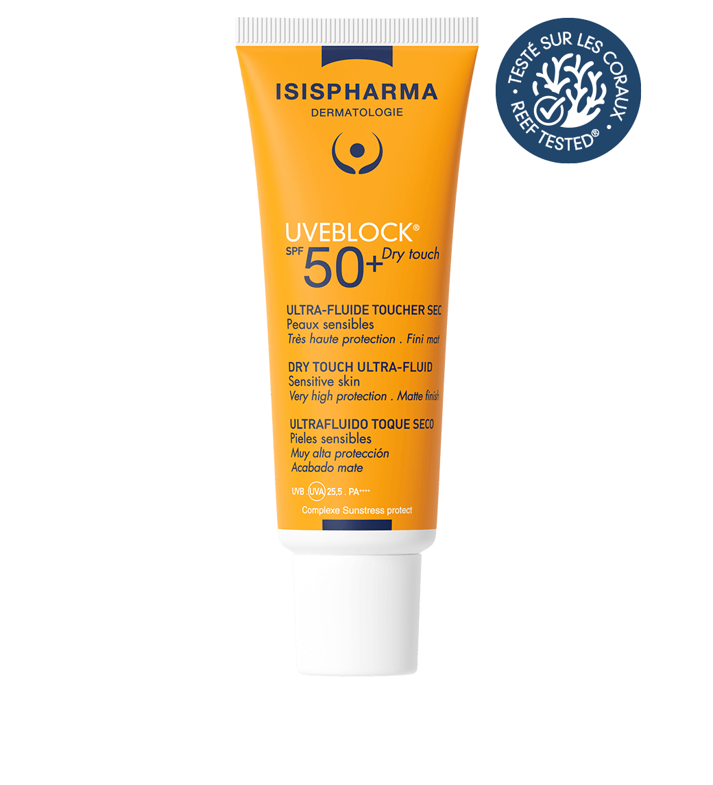 SPF 50+ Drytouch sunscreen tube, 40 ml, white and orange cap and label