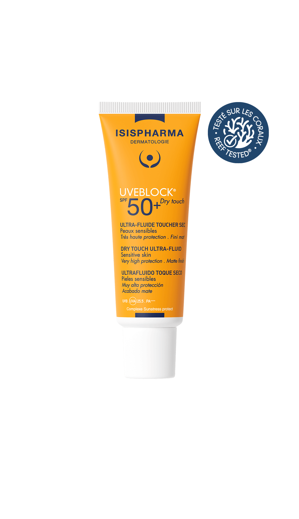 SPF 50+ Drytouch sunscreen tube, 40 ml, white and orange cap and label