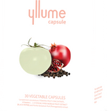 YLLUME capsule supplement box, white package with logo and red fruit/seed illustration