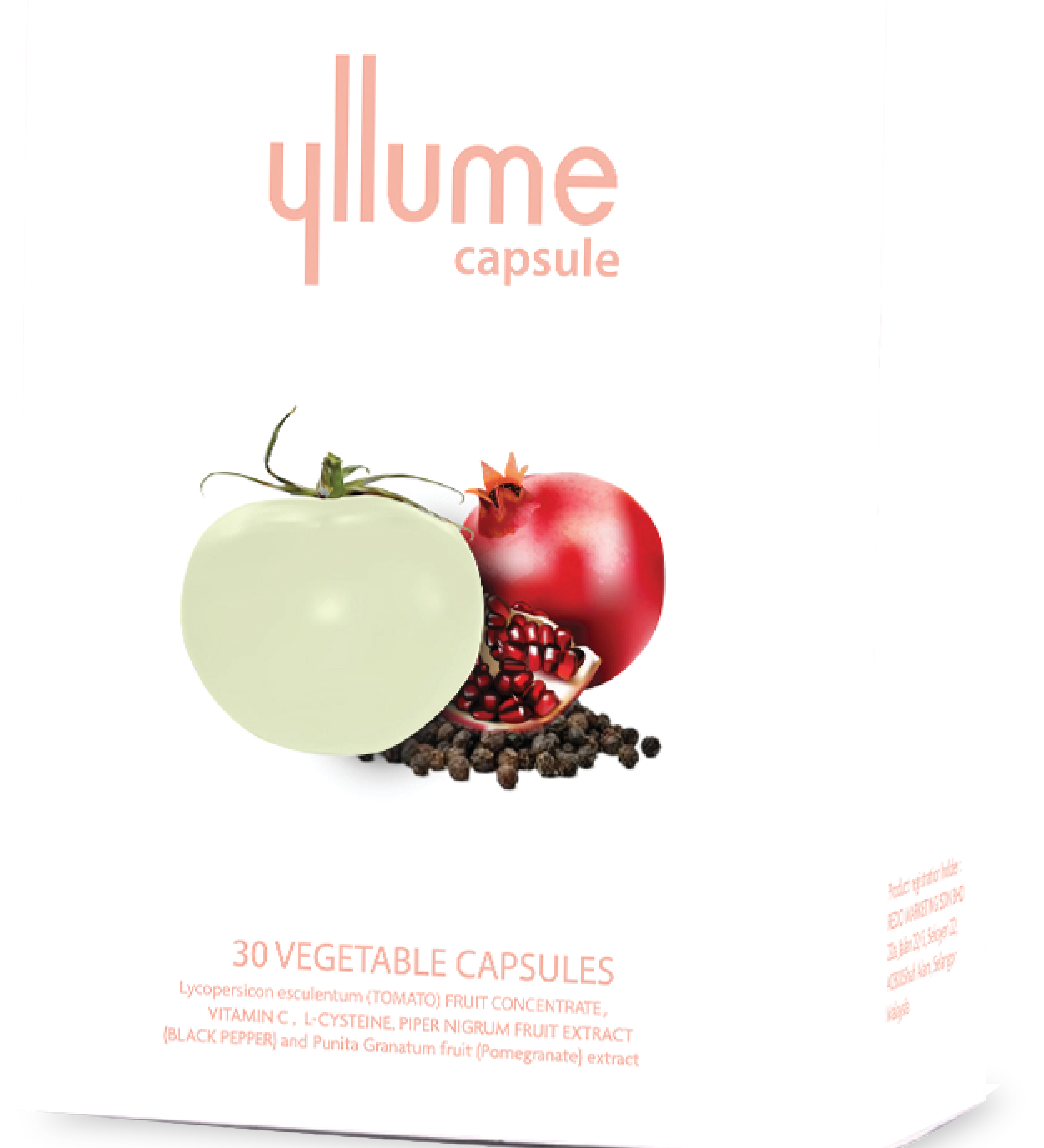 YLLUME capsule supplement box, white package with logo and red fruit/seed illustration