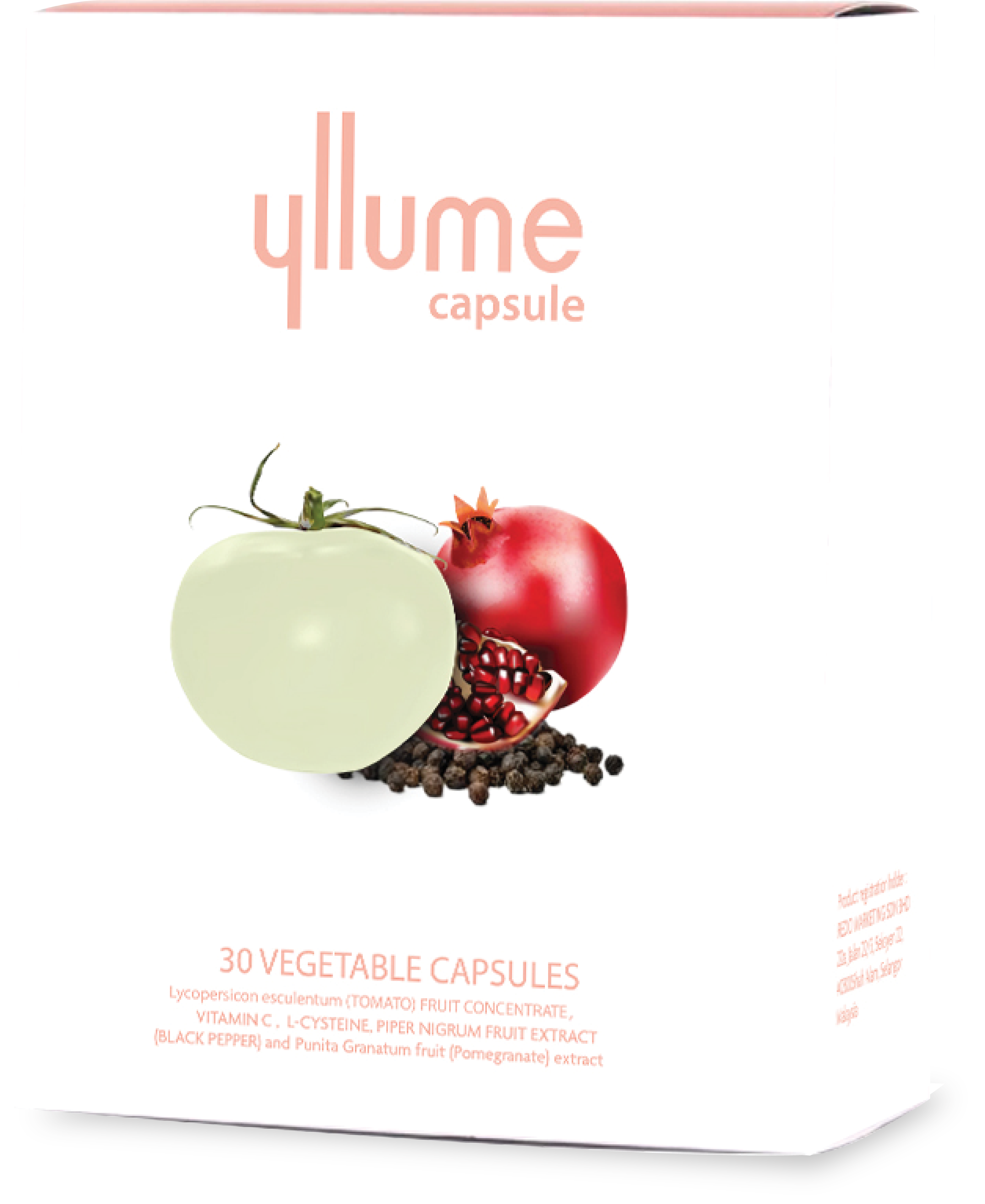 YLLUME capsule supplement box, white package with logo and red fruit/seed illustration