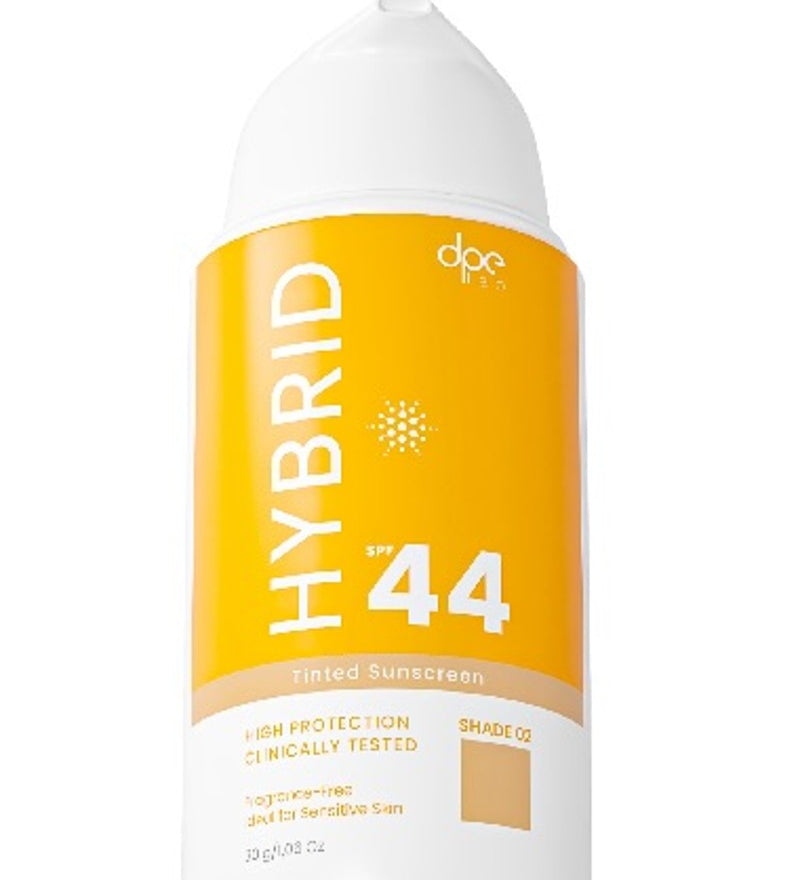 DPS Hybrid tinted sunscreen bottle, yellow-orange label, SPF 44, Shade 0Q