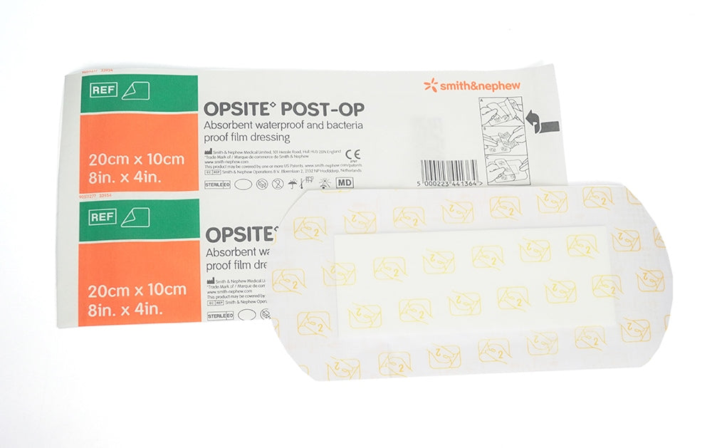 White Opsite post-op dressing, 20 x 10 cm, absorbent waterproof backing