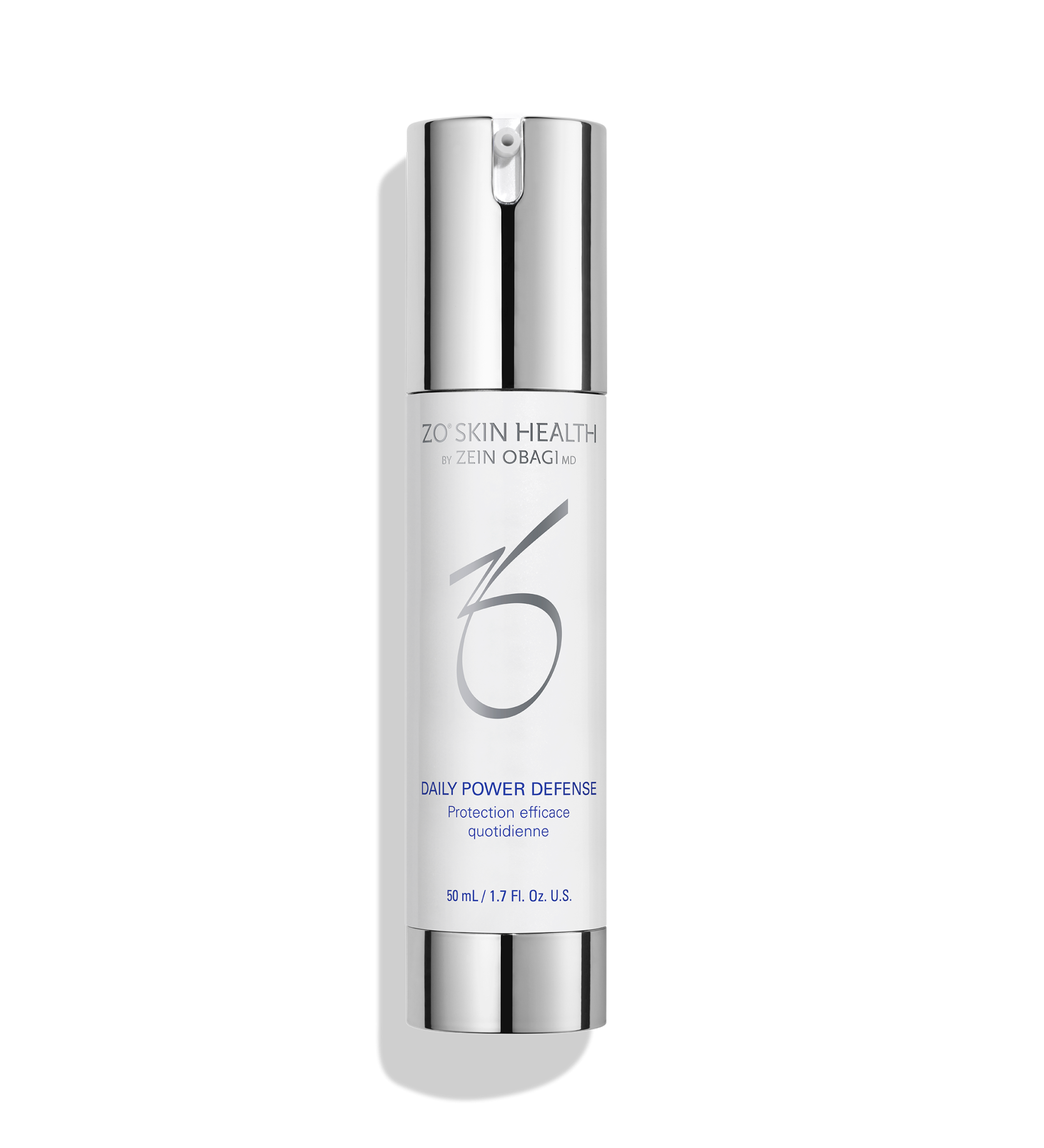 ZO Skin Health Daily Power Defense airless pump bottle, silver cap and tube