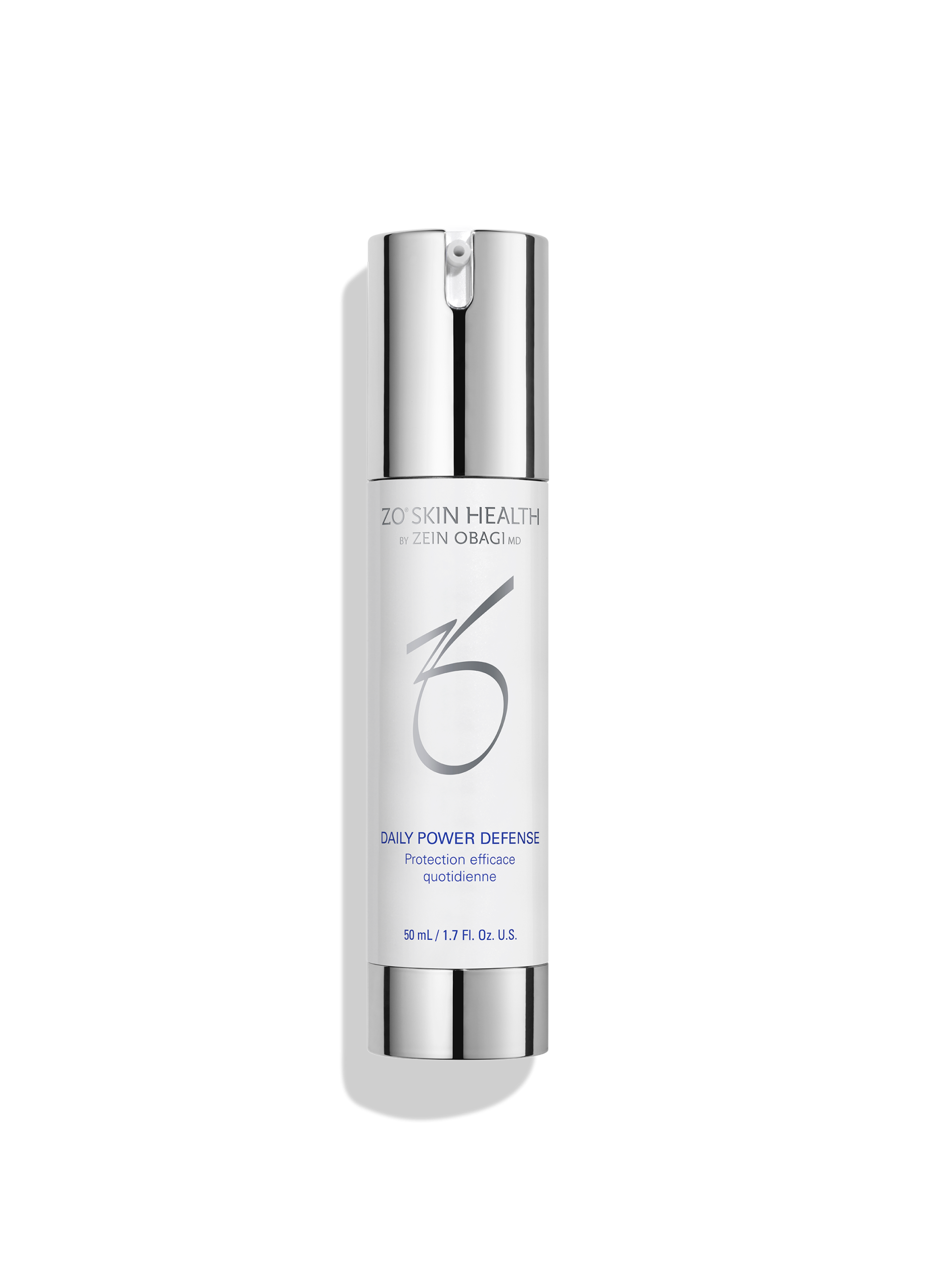 ZO Skin Health Daily Power Defense SPF bottle, silver pump dispenser, 50ml