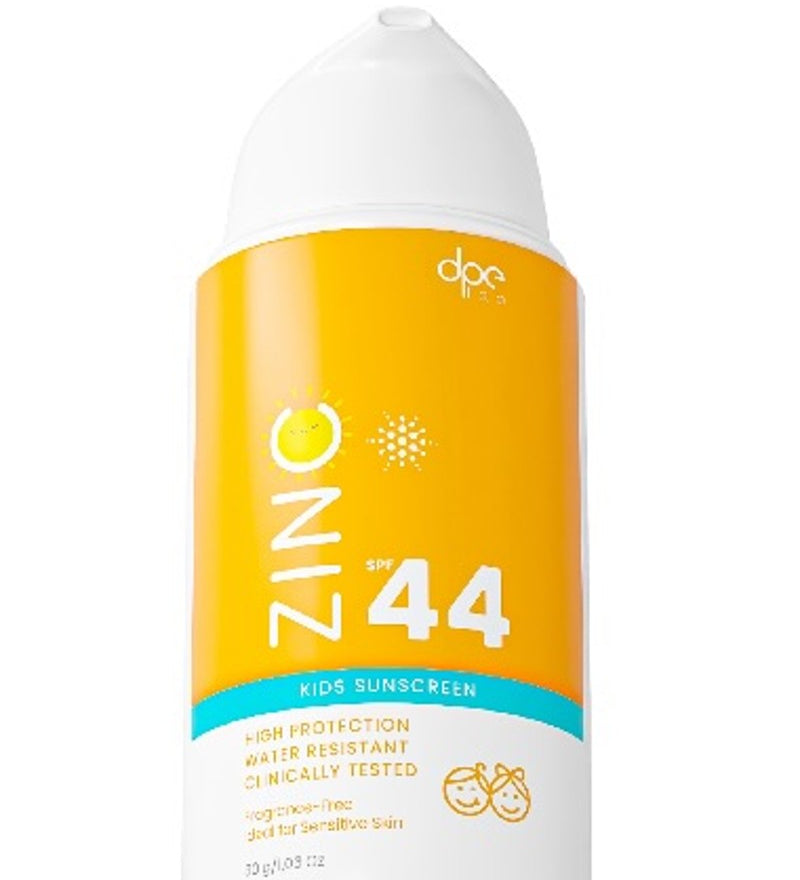 DPE Kids zinc sunscreen bottle SPF 44, orange label and white cap.
