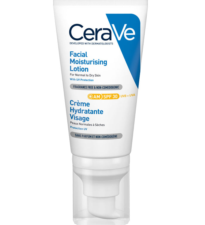 CeraVe facial moisturizing lotion AM SPF 30 in white squeeze tube, 52 mL