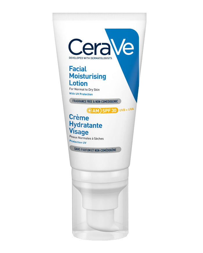 CeraVe facial moisturizing lotion AM SPF 30 in white squeeze tube, 52 mL