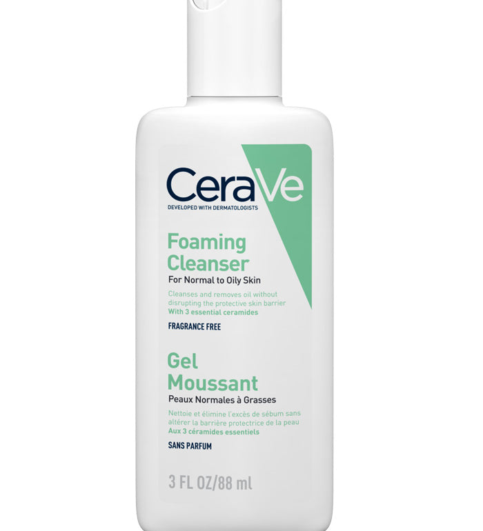 CeraVe Foaming Cleanser bottle, 88 ml, gel mousse cleanser for normal to oily skin