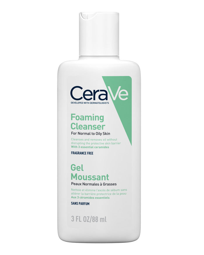 CeraVe Foaming Cleanser bottle, 88 ml, gel mousse cleanser for normal to oily skin