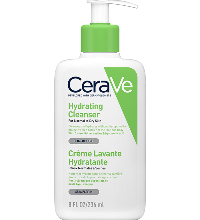 Cerave hydrating cleanser pump bottle, clear label with green accents, 236 ml