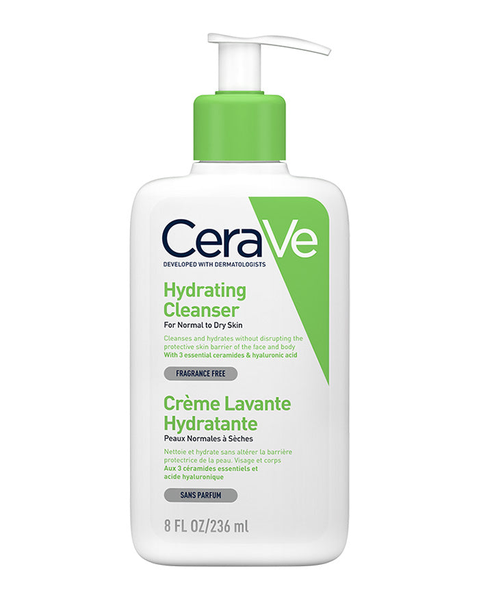 Cerave hydrating cleanser pump bottle, clear label with green accents, 236 ml