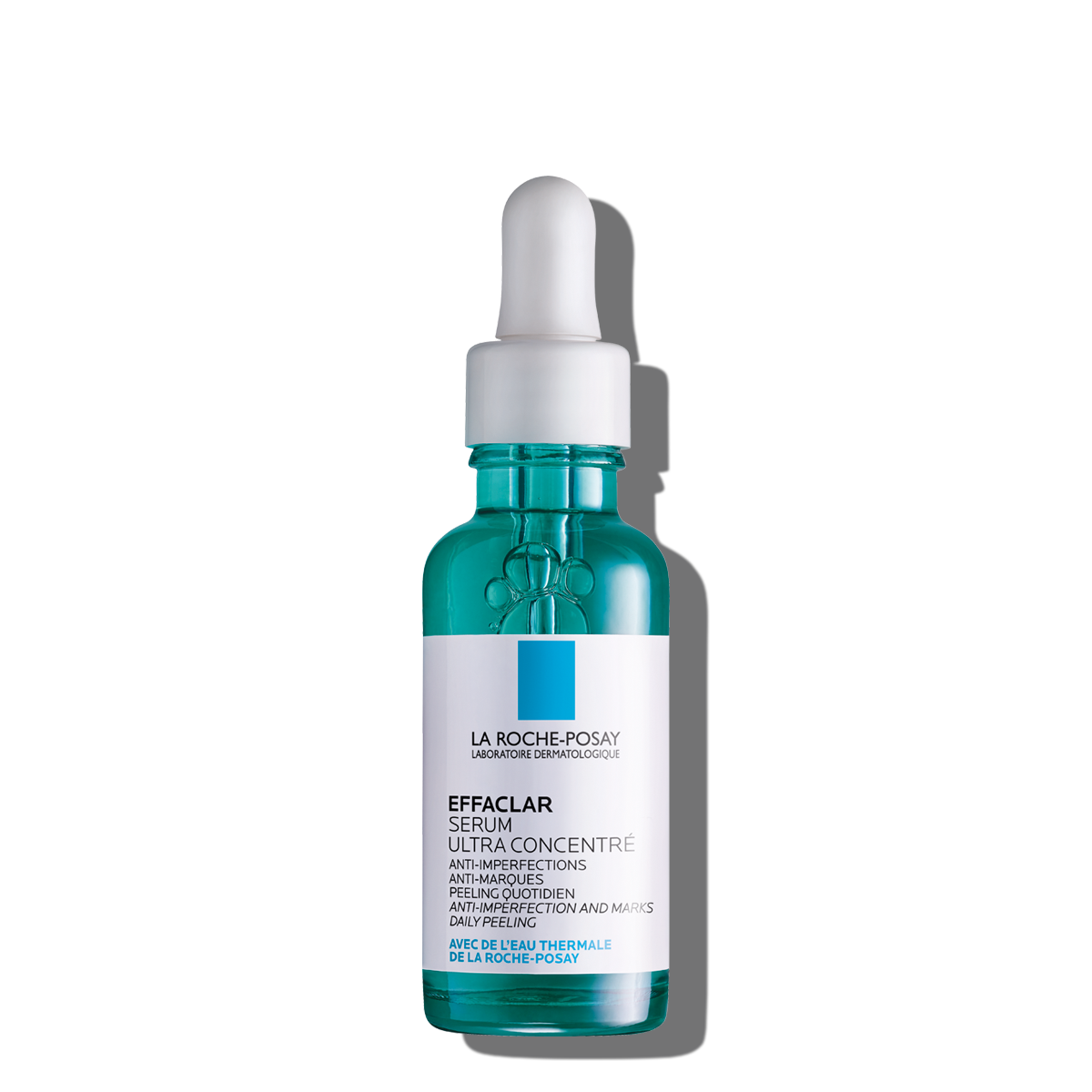 Effaclar serum in teal glass dropper bottle with white cap