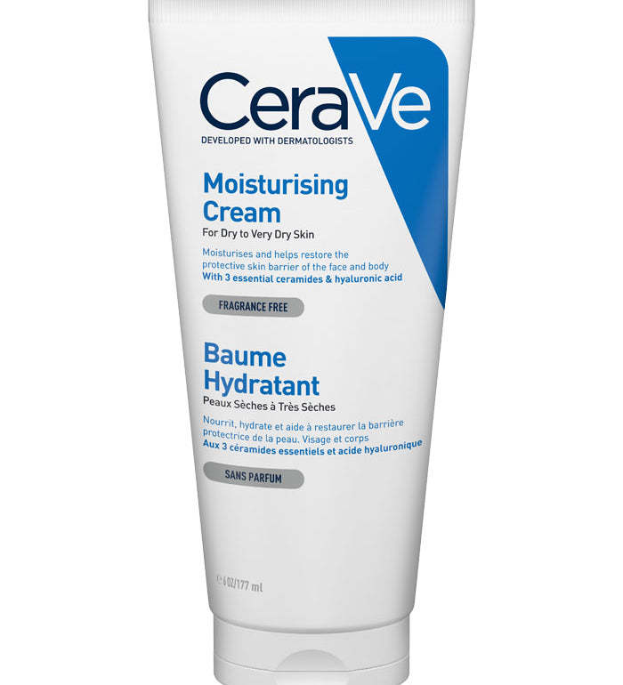 CeraVe moisturizing cream tube with blue label, fragrance-free; 177 mL