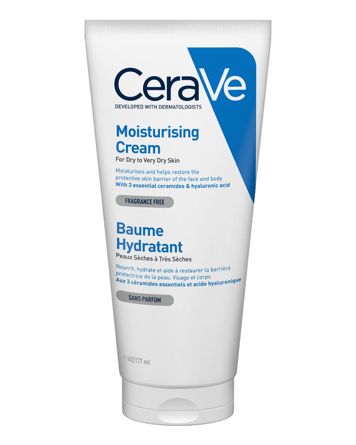 CeraVe moisturizing cream tube with blue label, fragrance-free; 177 mL