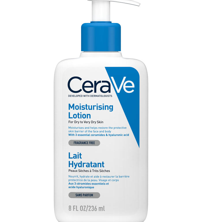 CeraVe moisturizing lotion bottle with blue pump, white bottle, 236 ml
