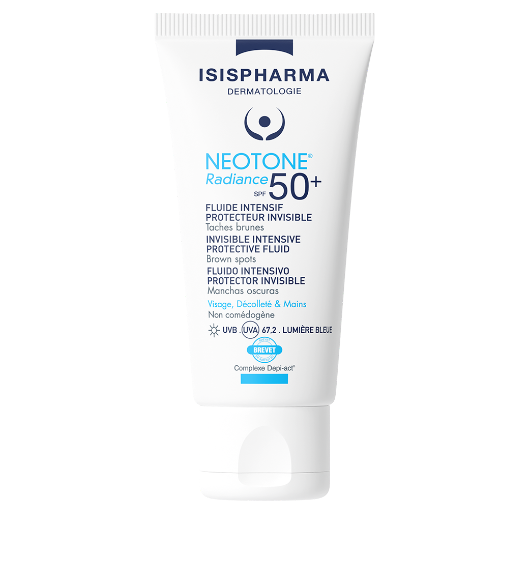 ISISPHARMA NEOTONE Radiance skincare cream in white squeeze tube, labeled 50+