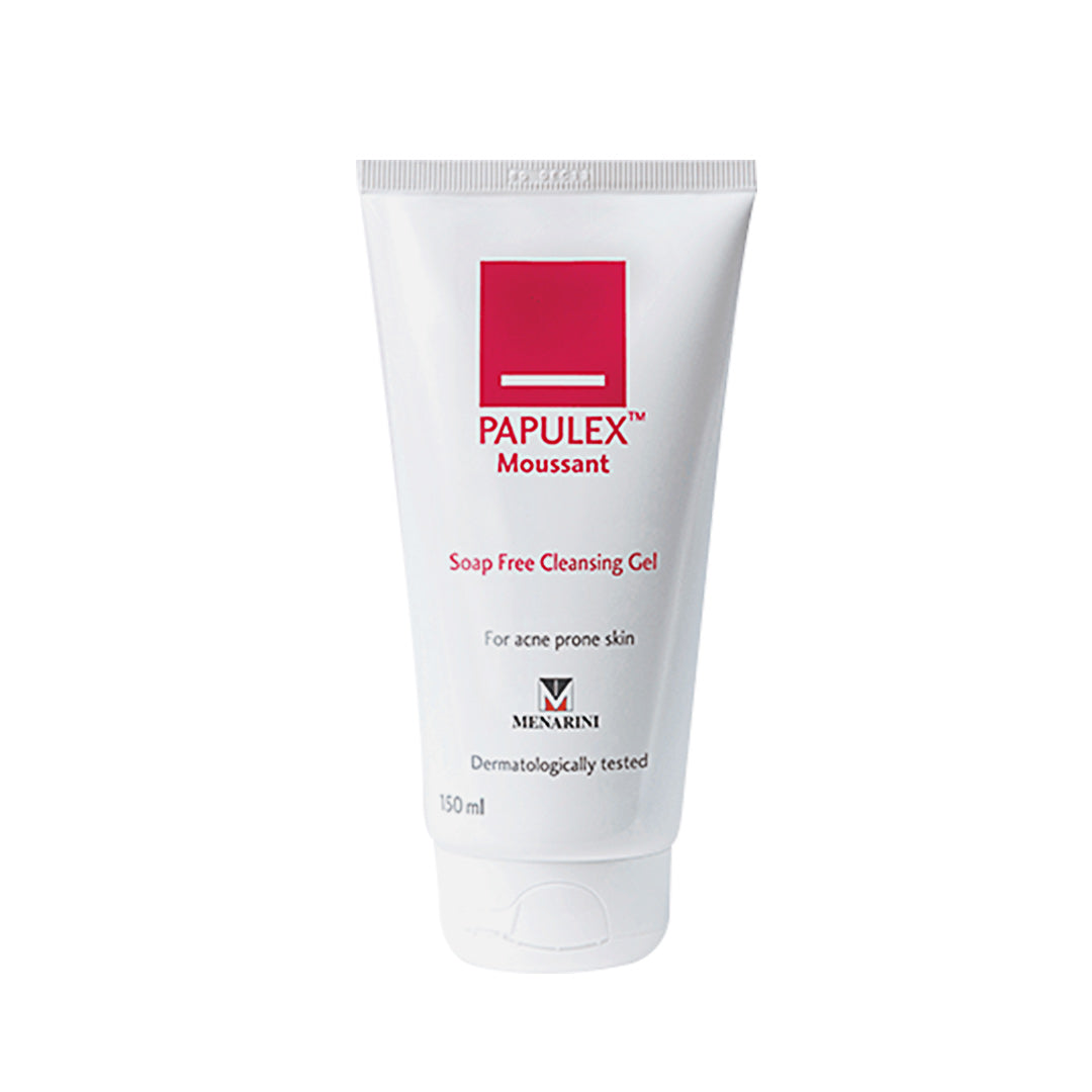 Papulex cleansing gel tube, 150 ml, white tube with red logo