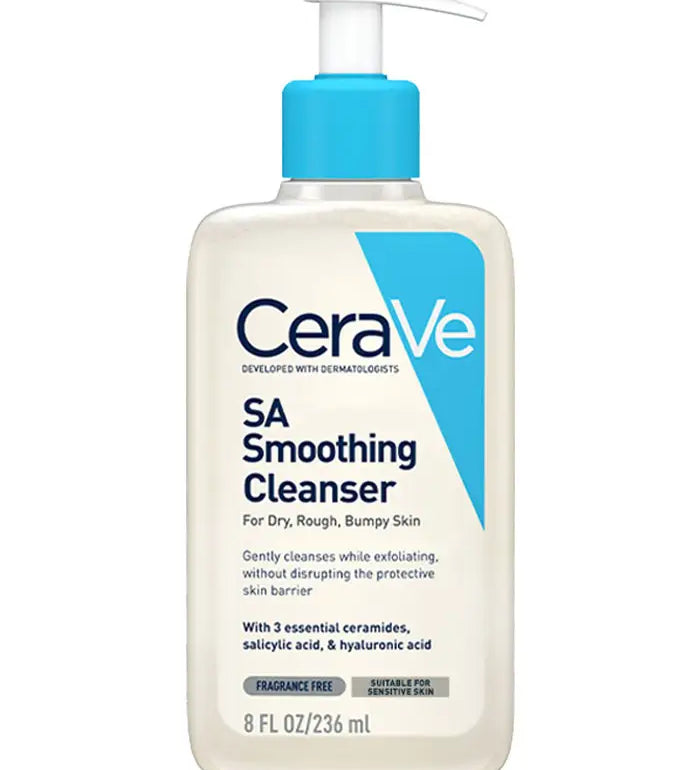 Cerave SA Smoothing Cleanser pump bottle, cream with blue pump and label