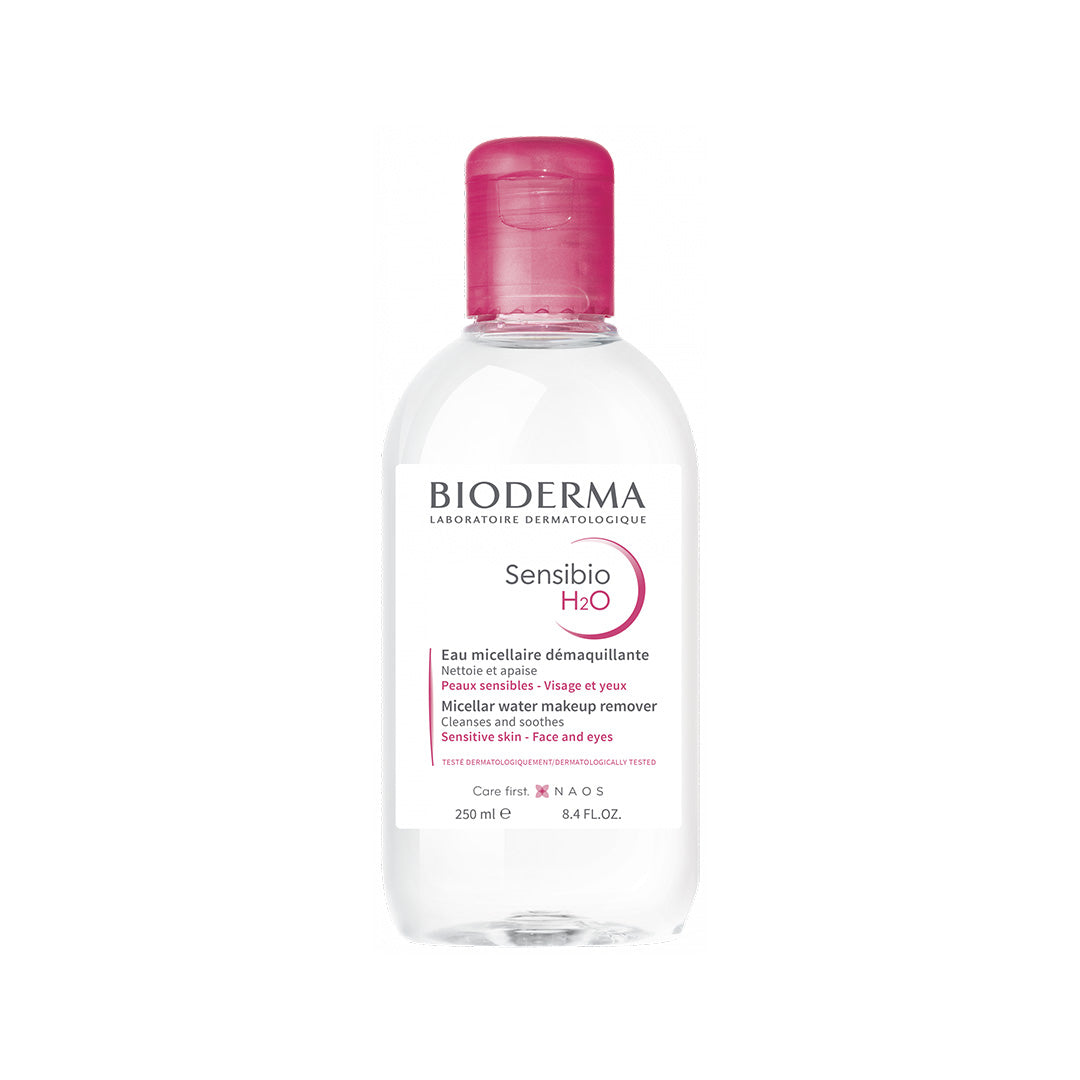 Bioderma Sensibio H2O micellar water bottle, pink cap, front label visible