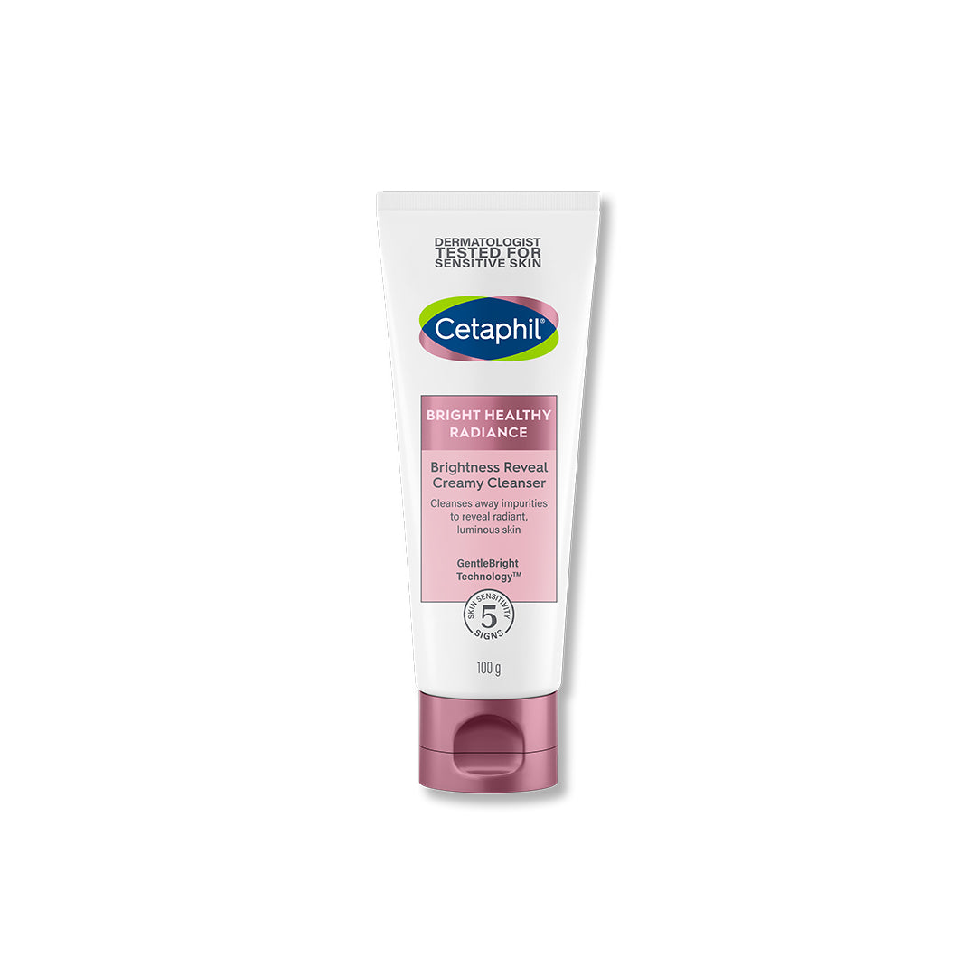 Cetaphil Brightness Reveal Creamy Cleanser tube, 100 g, white and pink packaging