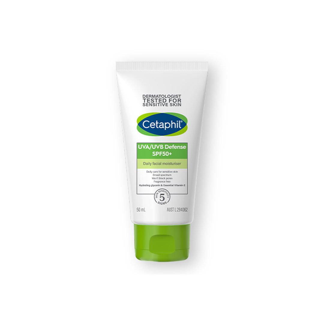 Cetaphil UVA/UVB Defense SPF 50+ sunscreen in white-and-green squeeze tube, 50 ml