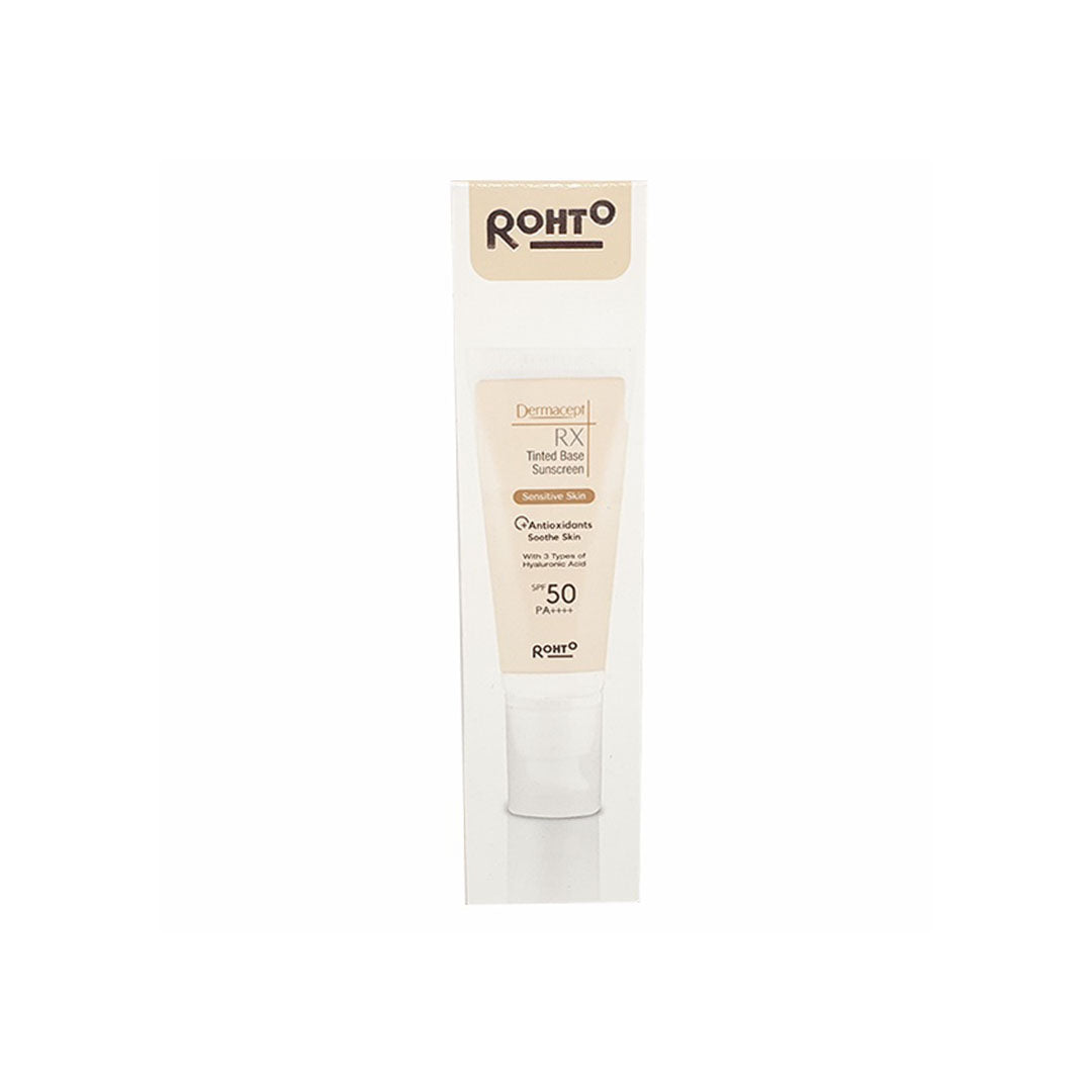 Dermacept DRX tinted base sunscreen tube, SPF 50, light cream tinted finish.
