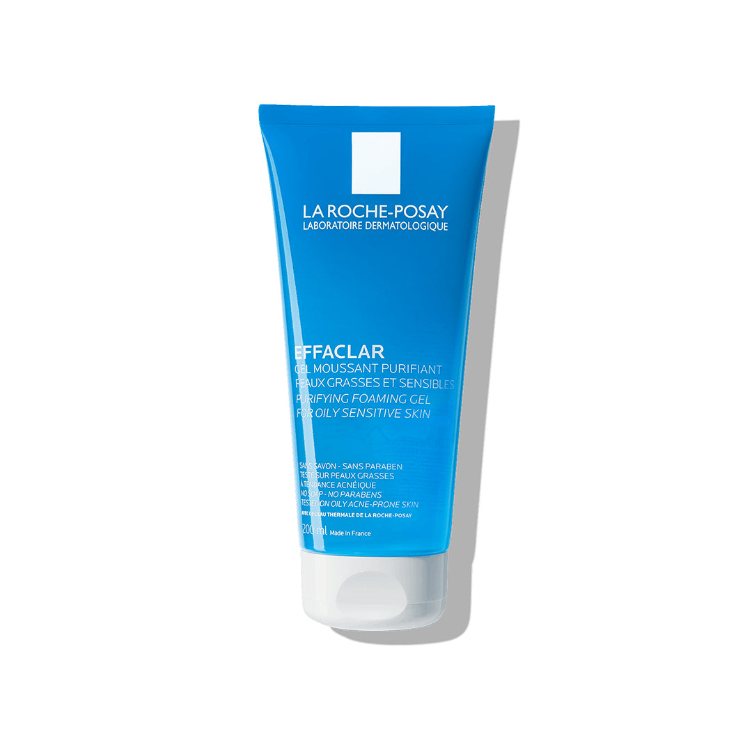 Blue Effaclar gel cleanser squeeze tube with white cap, La Roche-Posay label