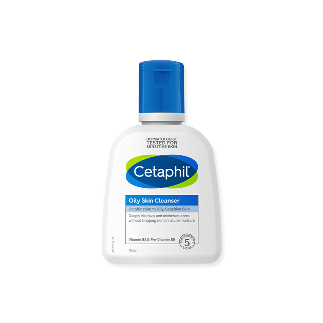 White plastic Cetaphil gentle skin cleanser bottle with blue flip-top cap