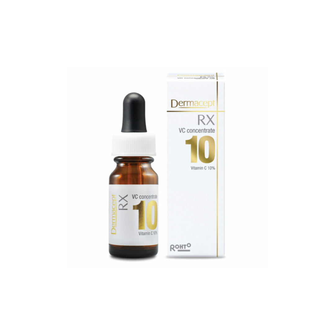 Dermacept DRX VC 10% vitamin C serum in amber bottle with black dropper and box